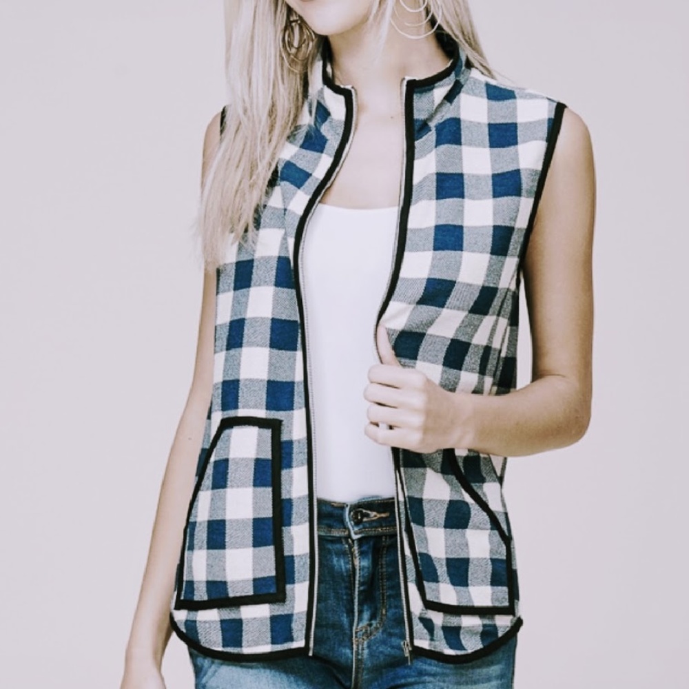 Papermoon- SALE! - NWT Navy Buffalo Check Vest Zip Pockets Cotton SML